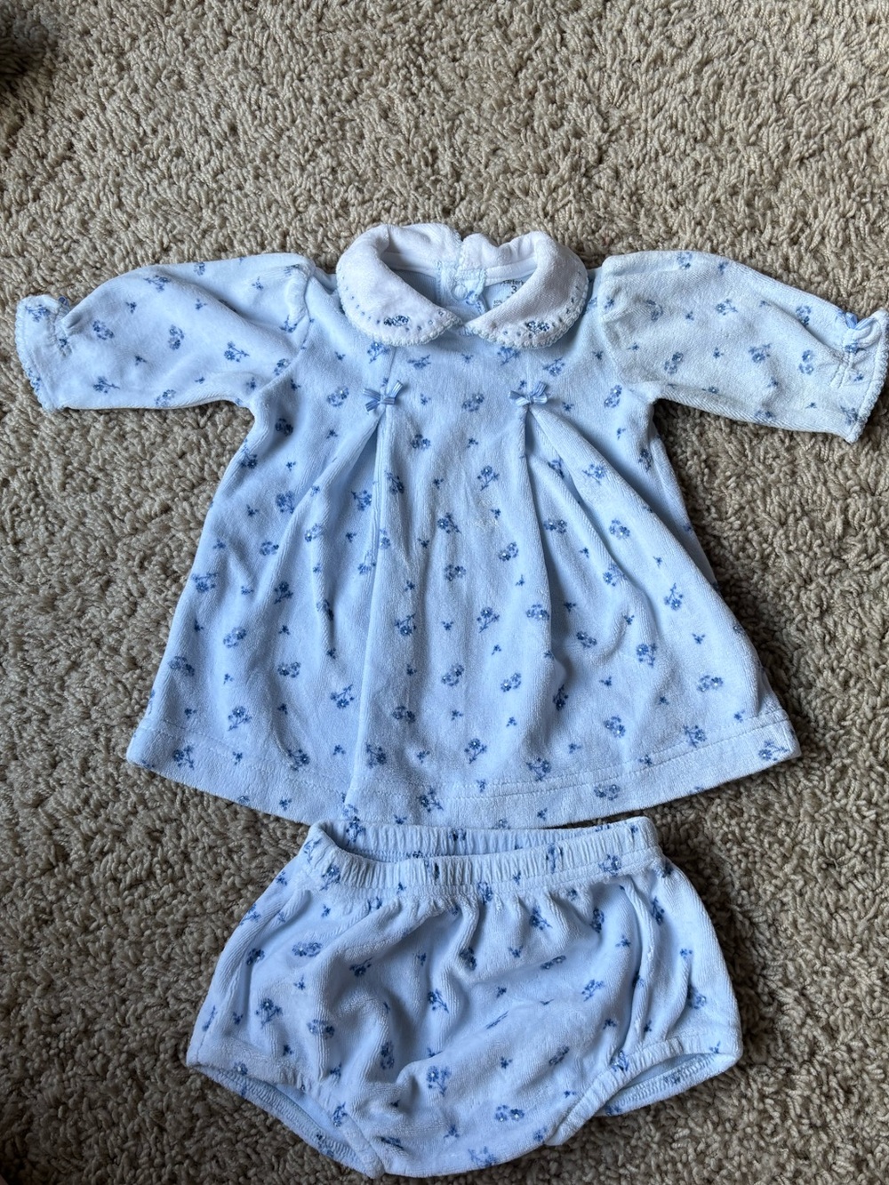 Blue Floral Baby Dress with Collar and Bloomers